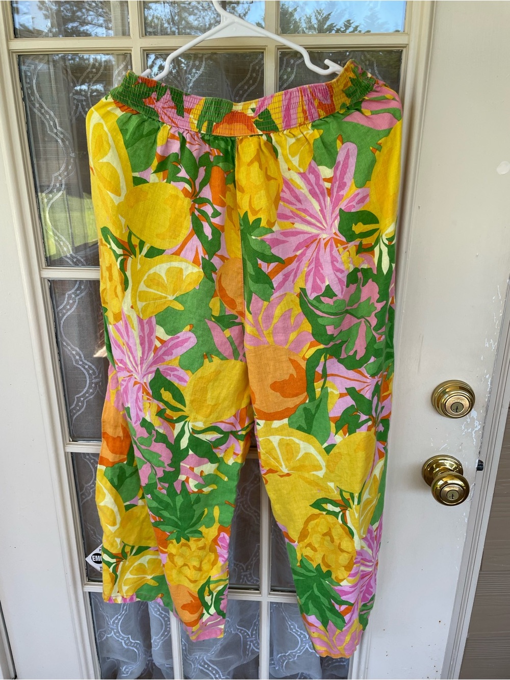 C&C California 100% Linen Lemon Tropical Crop Pants L Elastic Waist